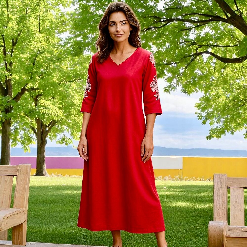 BLAIR Red Pocket Dress Midi Shift V-Neck Floral Sleeve Side Vents